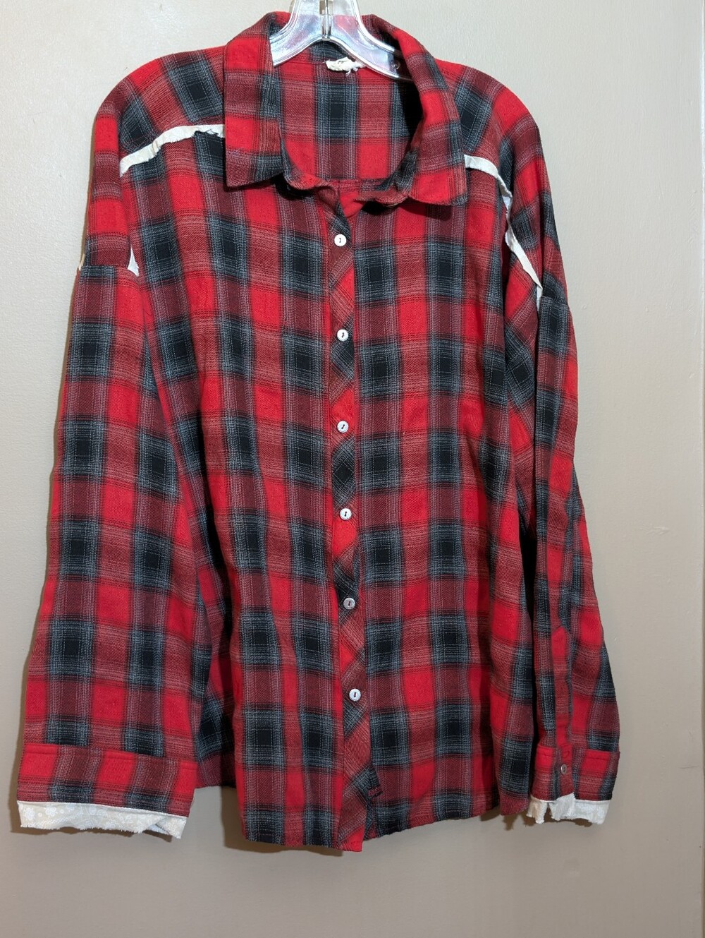 POL Red Flannel Shirt Lace Trim Fringe Tips Large
